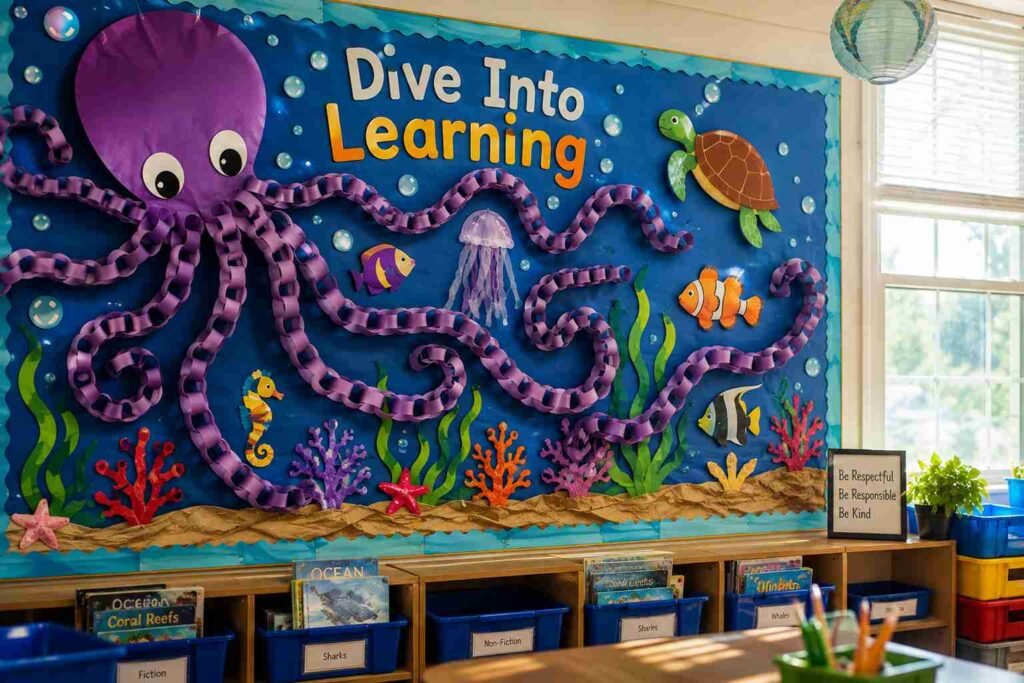 Elementary science classroom bulletin board featuring a giant paper-chain octopus, colorful ocean creatures, coral reefs, and a Dive Into Learning theme.
