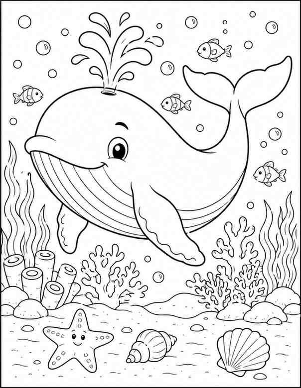 Adorable whale coloring page featuring a smiling whale swimming underwater with bubbles, coral, fish, seashells, and a starfish.