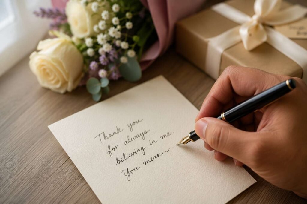 A hand writing a baby shower card message on a cream card with flowers on the table