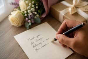A hand writing a baby shower card message on a cream card with flowers on the table