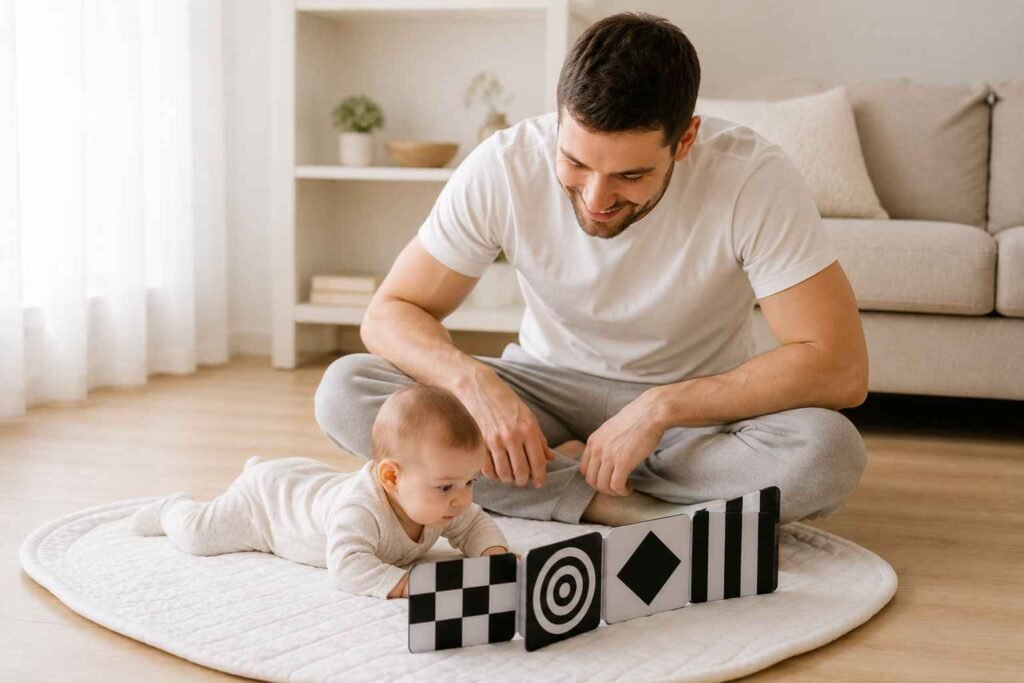 Dad sitting on floor with newborn baby on white play mat exploring high contrast toys during early play session