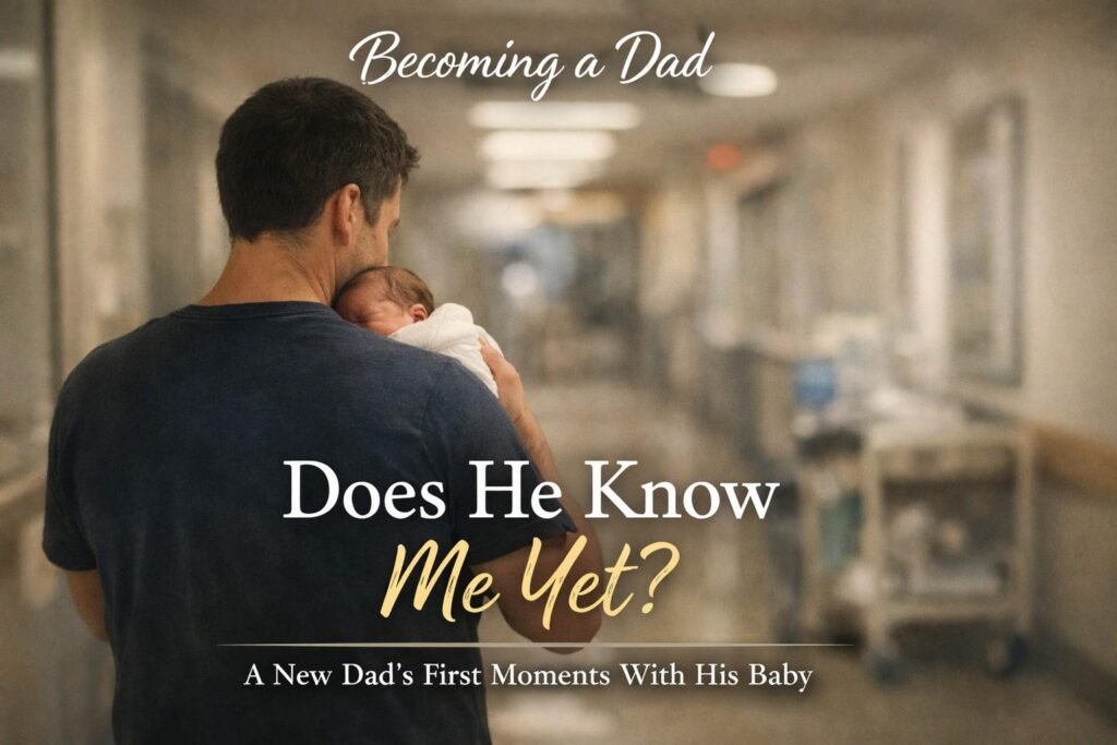 New father carrying his newborn baby down a hospital corridor after birth, a quiet emotional moment between parent and child.