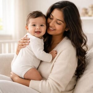 mom burping baby over shoulder at night