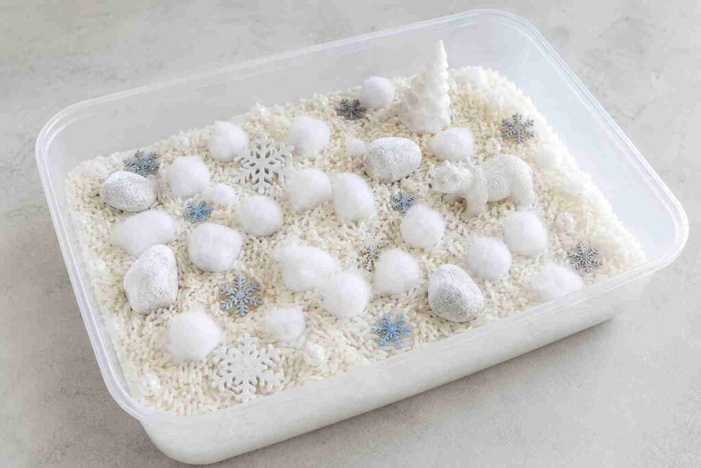 A white winter sensory bin with rice, cotton balls, and a wooden spoon for babies and toddlers