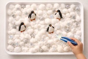 Winter sensory bin preschoolers cotton balls silver pom poms snowflake confetti toy penguins fine motor sensory play