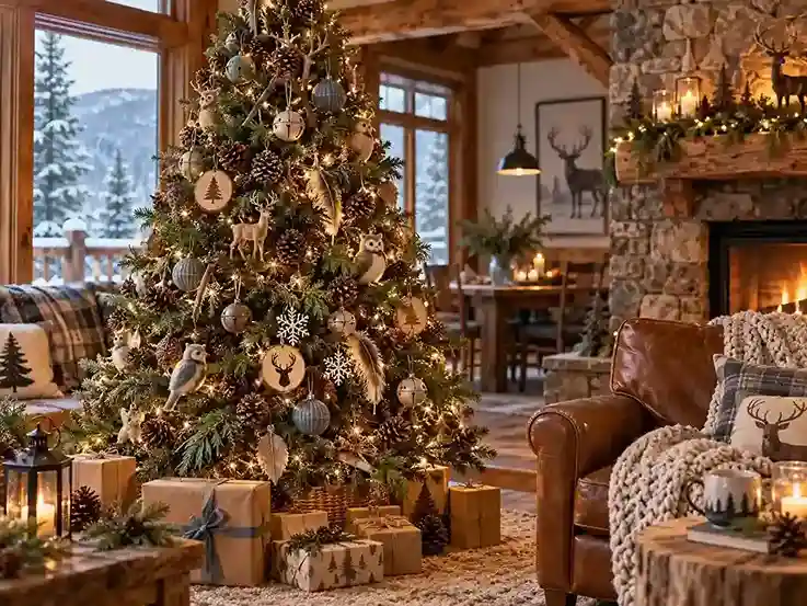Winter woodland Christmas tree with pinecones, wood slice ornaments, soft blue accents, feathers, greenery, and cozy cabin decor