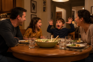 A family of four laughing around a dinner table while playing would you rather questions for kids