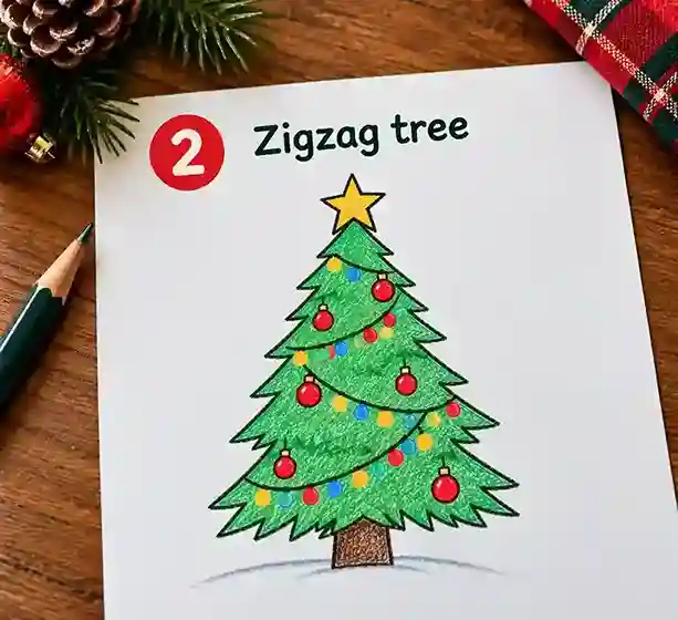 Easy zigzag Christmas tree drawing with layered pine branches, colorful ornaments, garland, star, and brown trunk